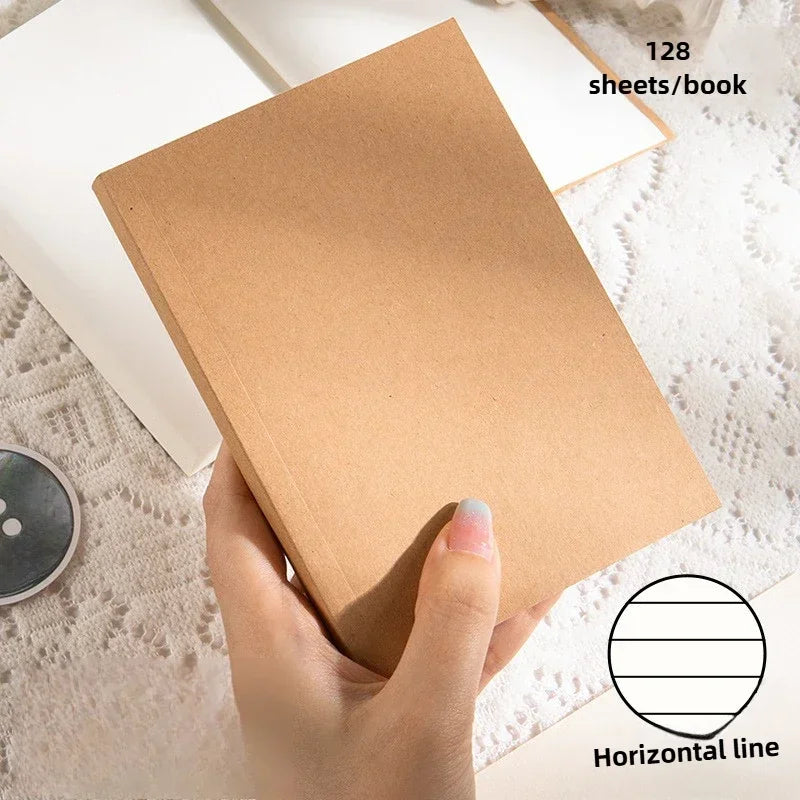 A6 Pocket Thickened Notebook 256 Pages 128 Sheets Line Blank Grid Inner Pages Kraft Paper Cover Small Notepad Book