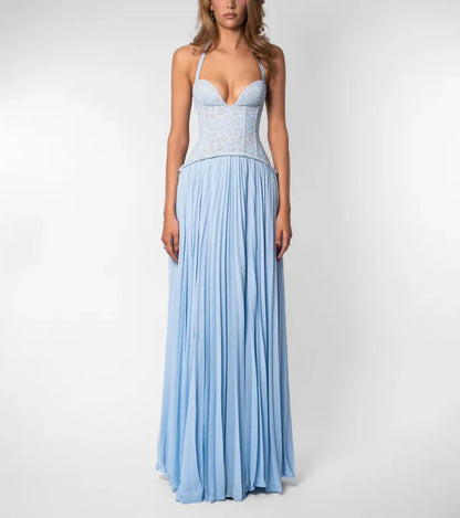Green Corset Halter Long Dress Women Backless Off Shoulder Pleated Patchwork Slim Maxi Dress 2026 Summer Lady Party Evening Gown