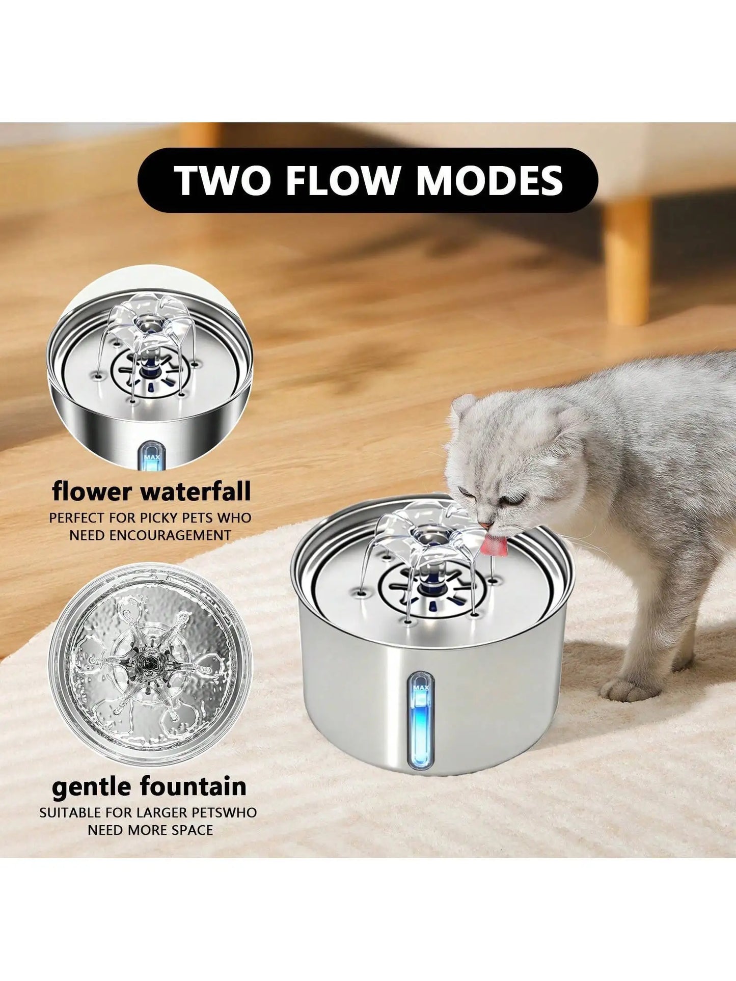3L/101.45oz/0.793Gallon Stainless Steel Automatic Cat Water Drinker | Quiet USB Powered Pet Feeder with Water Level Indicator