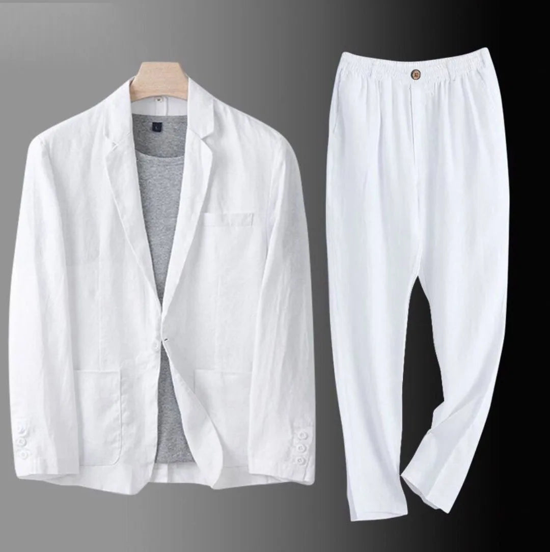 Cotton Linen Men's 2‑Piece Suit Lightweight Slim Fit Breathable Casual Suit Set for Office Wedding Sun Protection