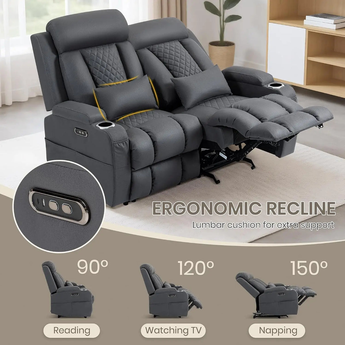 Wall Hugger Power Reclining Loveseat with Manual Adjustable Headrests, Electric Recliner Sofa with USB/Type-C Ports,, Custom