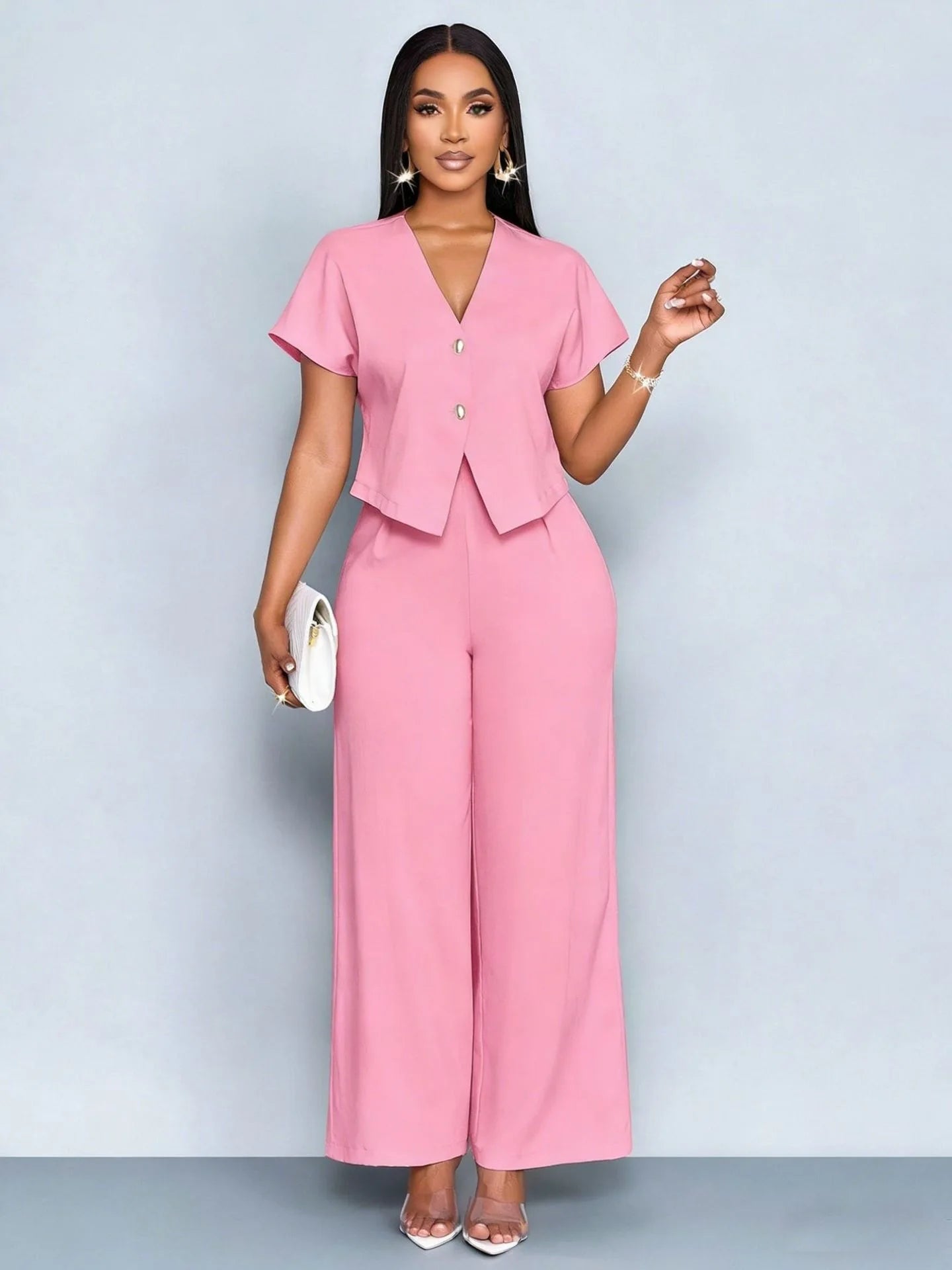 Summer Elegant 2 Piece Suit For Women V Neck Short Sleeve Blouse Top High Waist Wide Leg Pants Set Casual Business Office Outfit