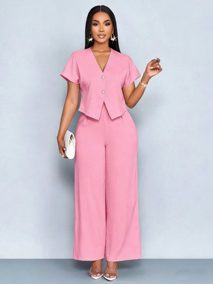 Summer Elegant 2 Piece Suit For Women V Neck Short Sleeve Blouse Top High Waist Wide Leg Pants Set Casual Business Office Outfit