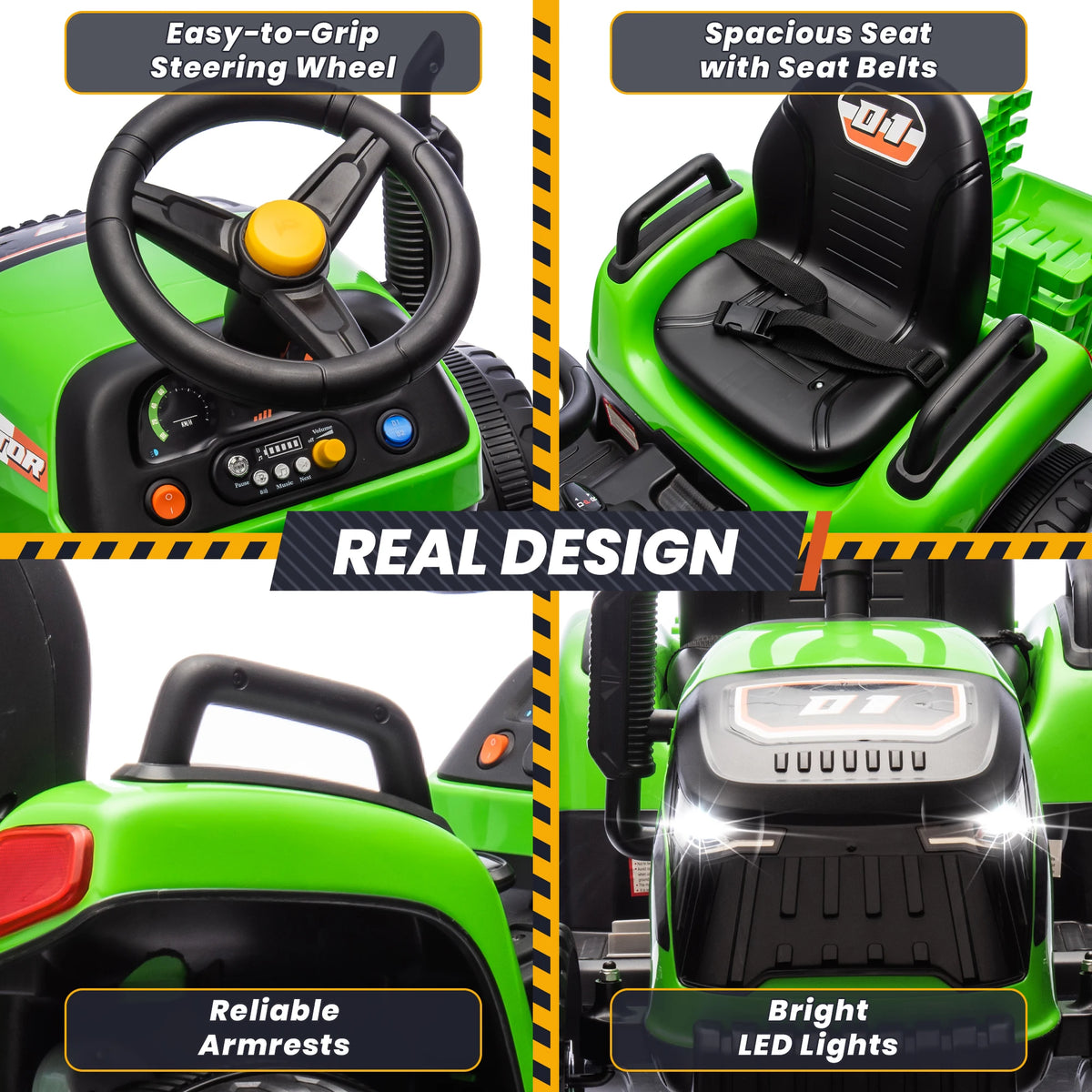 24V Ride On Tractor for Kids, Electric Ride On Toys W/400W Motors, Tiltable & Detachable Trailer, Adjustable Seat, Bluetooth, Mu