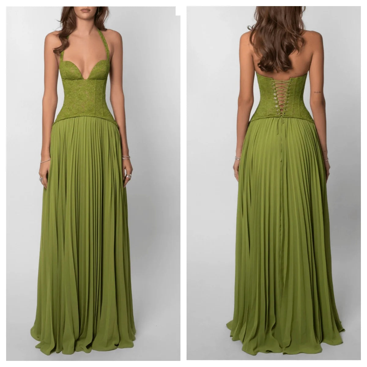 Green Corset Halter Long Dress Women Backless Off Shoulder Pleated Patchwork Slim Maxi Dress 2026 Summer Lady Party Evening Gown