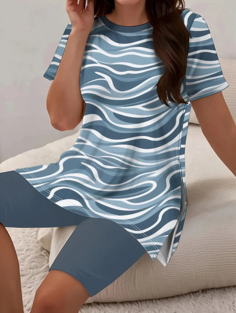 2025 Women New Slit Printed Top Round Neck T-shirt + Sports Shorts Fashionable Casual Women Sports Style Comfortable Shorts Suit