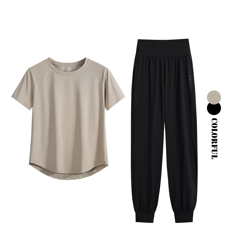DRUR S-4XL Yoga Set Women Sport Shirts Gym Pants Set 2 Piece Short Fitness Tops Sweatpants Suit Female Summer Sportswear Outfit