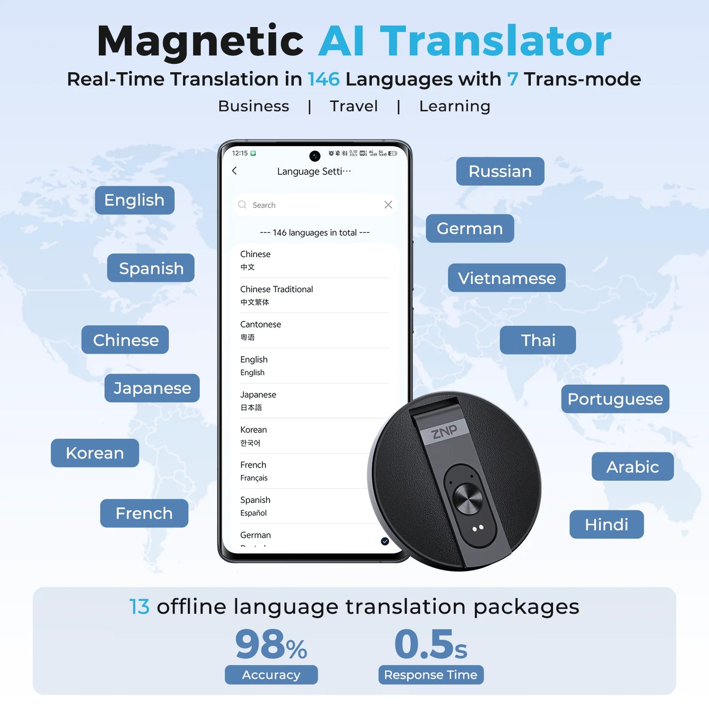ZNP Ultra-thin AI Voice Translator Instant Professional Portable Wireless Magnetic Foldable Phone Stand 50Hrs Playback ForOffice
