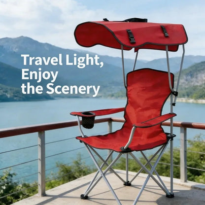 Portable Folding Camping Chair With Adjustable Sun Canopy, Heavy Duty Beach Lawn Chair With Cup Holder Side Pocket, Lightweight Foldable Outdoor Chair For Fishing Picnic Poolside Travel Garden