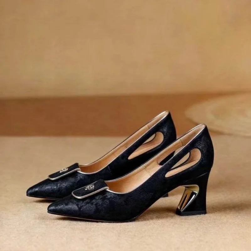 Women's Pumps Pointed Toe Mid Chunky Heels - Elegant Slit Sides & Metal Buckle, Comfortable Concise Dress Shoes for Ladies