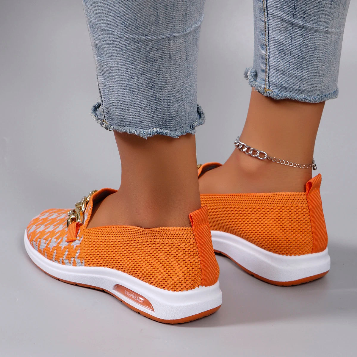 Orange Checkered Slip-On Flats | Low Flat Shoes | Women's Casual Everyday Wear