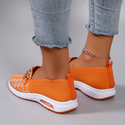 Orange Checkered Slip-On Flats | Low Flat Shoes | Women's Casual Everyday Wear