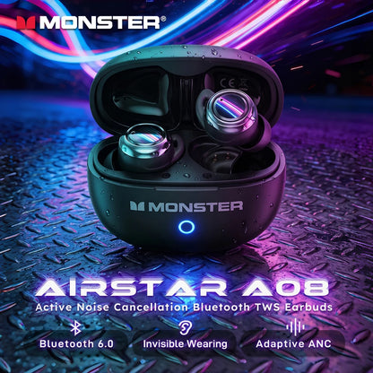 Monster A08 ANC Bluetooth 6.0 Earbuds Mini Invisible In-Ear Sports Ear Buds Active Noise Cancellation TWS Wireless Earphone