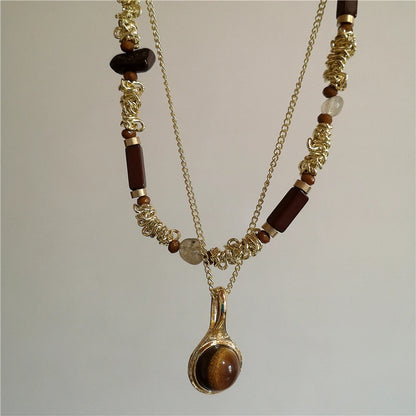 Vintage Leather Brown Stone Sun Pendant Beaded Choker Clavicle Chain Necklace For Women Unique Y2K Personalized Grunge Jewelry
