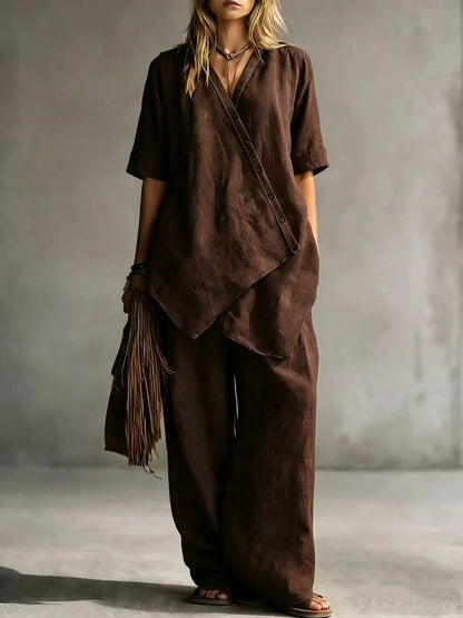 2026 Women's Fashion Casual Solid Color V-Neck Loose Short Sleeve Top and Cardigan with Long Pants Two-Piece Set
