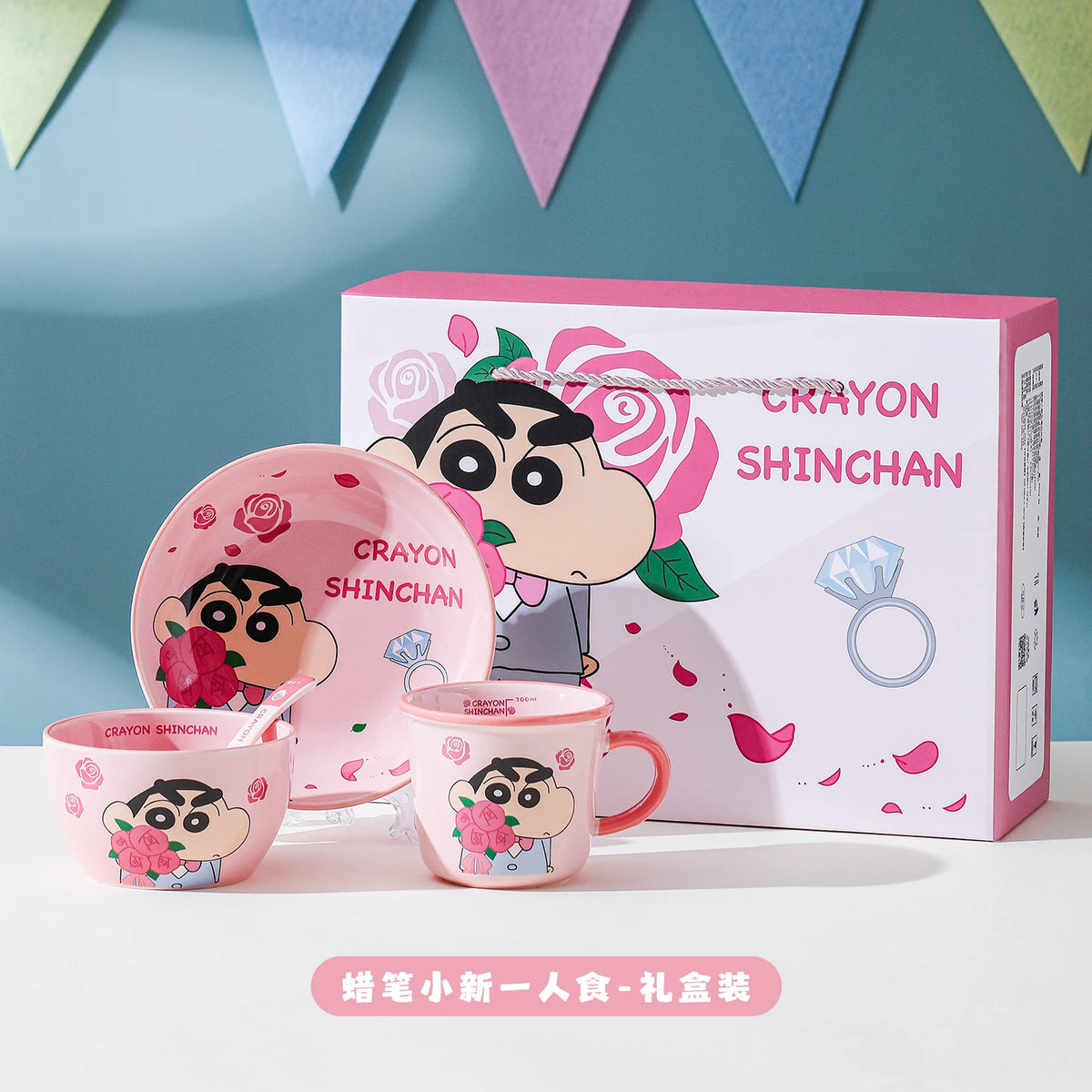 New 1Set/4Pcs Cute Cartoon Anime Crayon ShinChan Ceramics Gift Box Set Kawaii Rose Bowl Plate Spoon Cup childen Birthday Gift