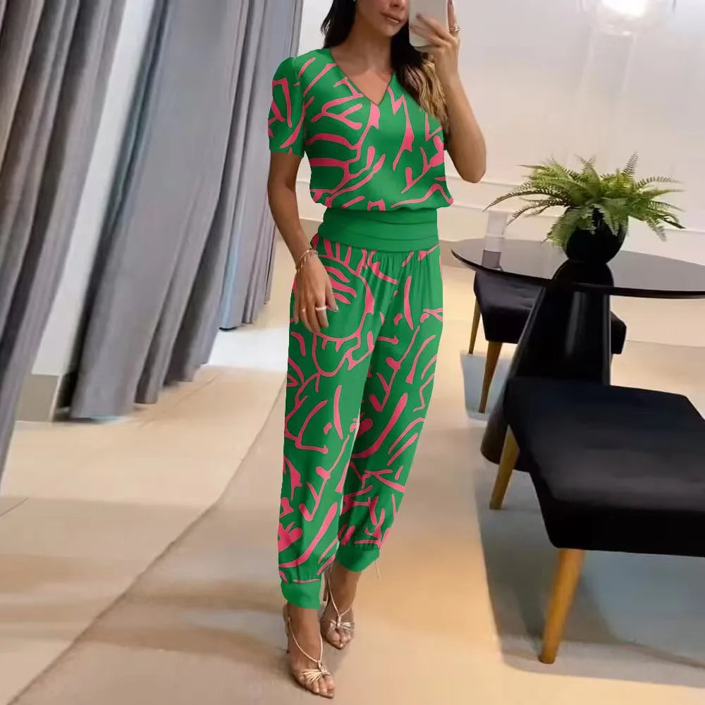 2024 New Long Pant Sets Summer Fashion Casual V-neck Print Short Sleeve Trousers Suit Two-piece Set 2 Piece Sets Women Outfit