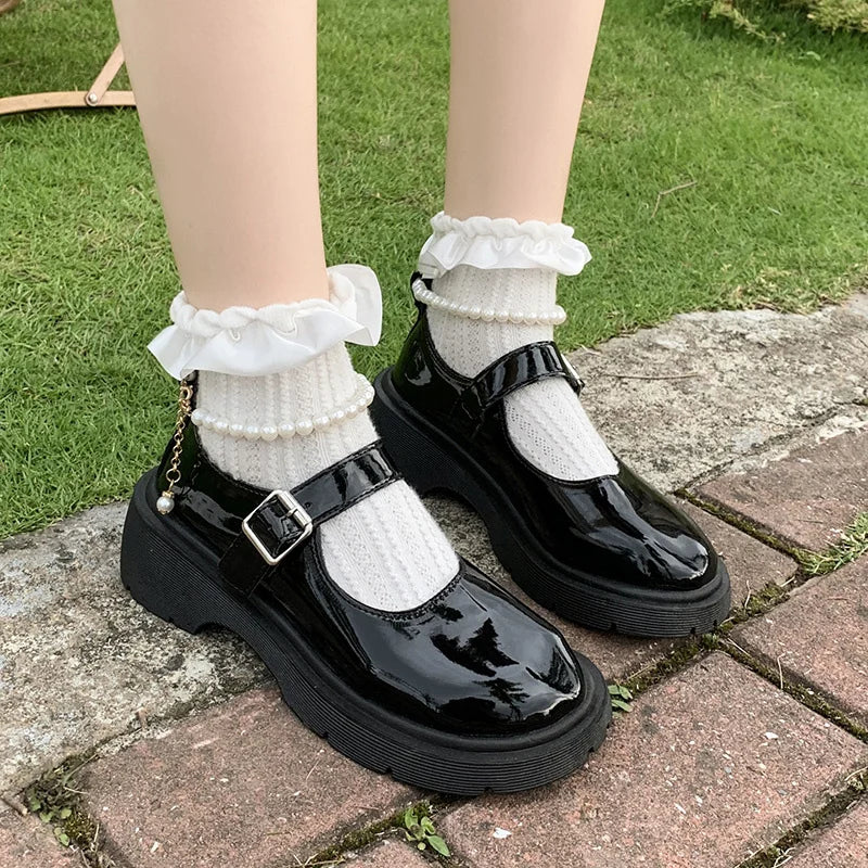 Women's Luxury Beaded Mary Jane Leather Shoes Spring/Autumn Fashion Comfortable Elegant Flat Black Walking Shoes Zapatos Mujer