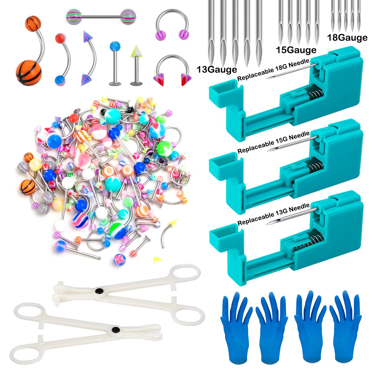 Body Piercing Tool Kit Easy to Use Body Piercing Gun Lip Nose Tongue Cartilage Eyebrow Navel Piercing Jewelry for Women Men