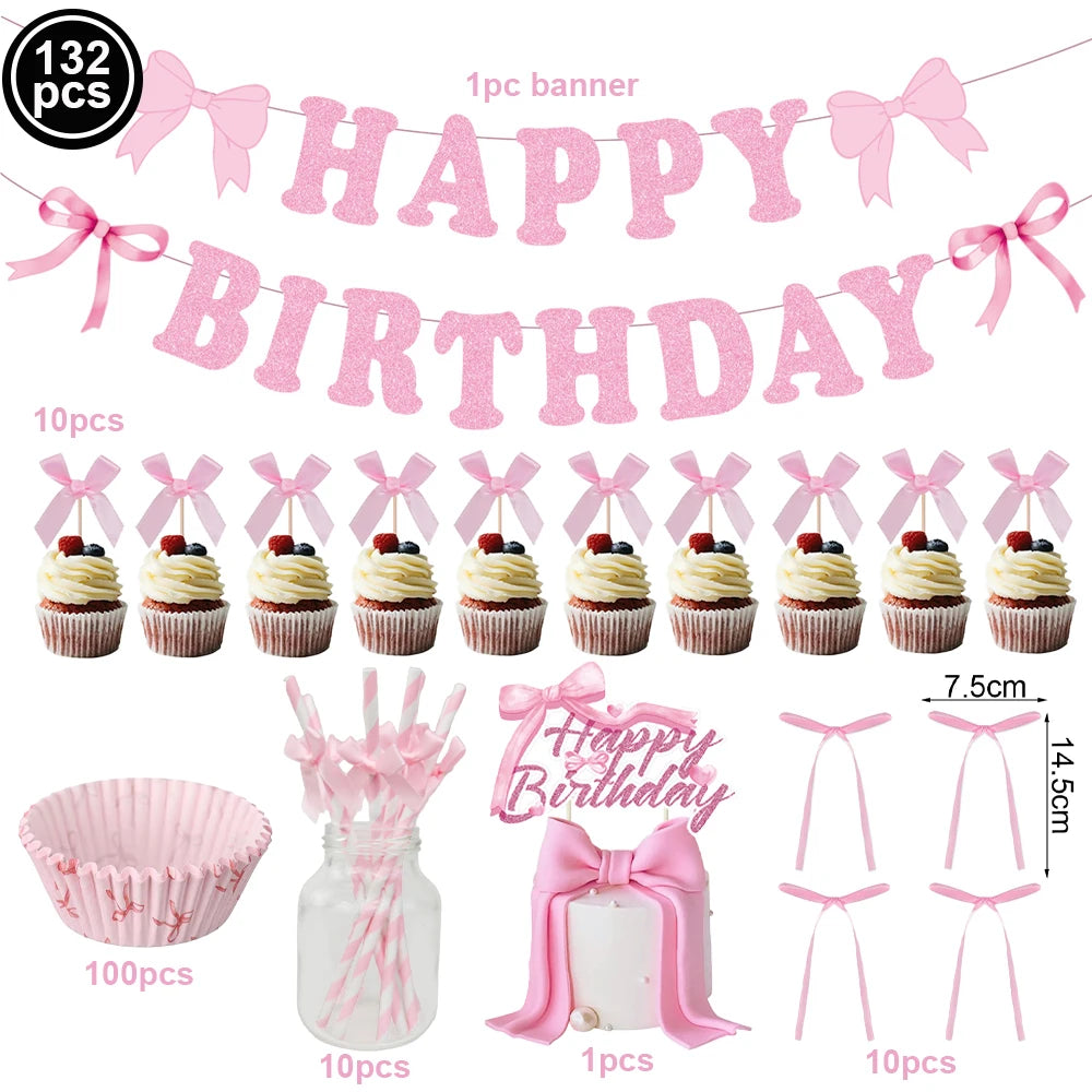 10pcs Bow Cupcake Toppers Birthday Bowknot Ribbons Coquette Pink Bow Cake Decors Bridal Baby Girls Wedding Party Supplies