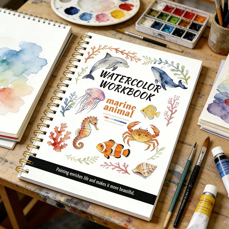 Watercolor Painting Notebook Beginner's Painting Enthusiast's Guide Coil Notebook Thickened Paper Ocean Animal Cover Watercolor