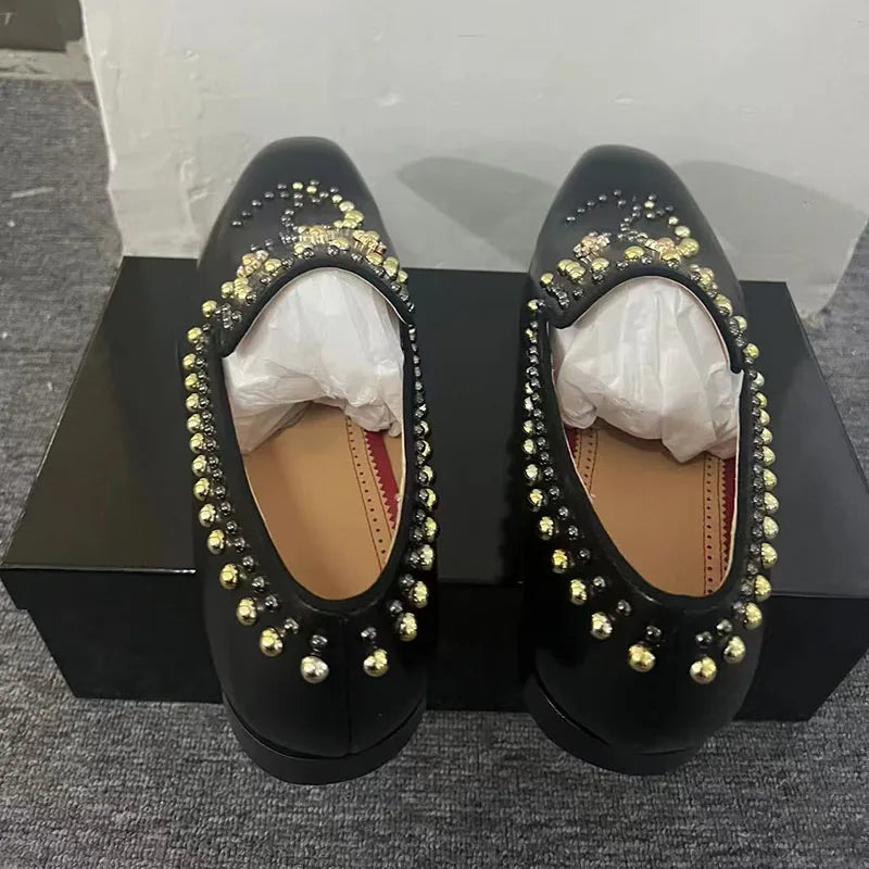 Gold Rivet Studded Shoes Man Pointed Toe Black Real Leather Hand-made Flats Male Fashion Party Shoes