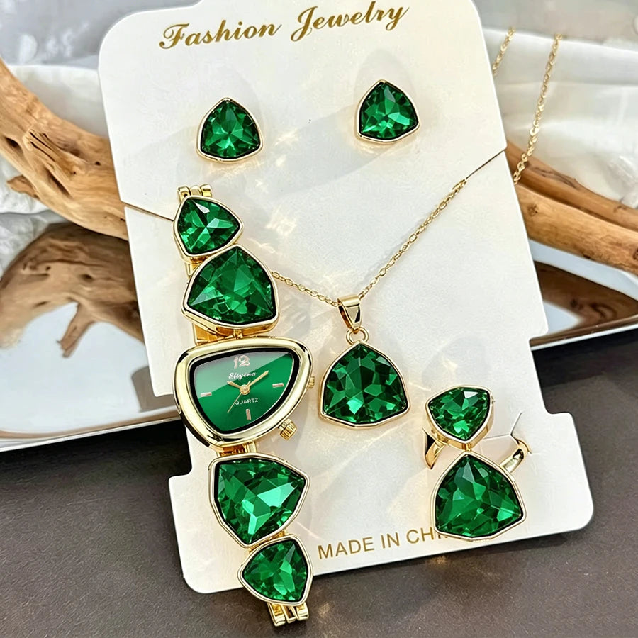 5pcs Luxury Women's Quartz Watch Jewelry Set Fashion Colorful Diamond Women Watches Necklace Ring Earrings Accessories Gifts Set