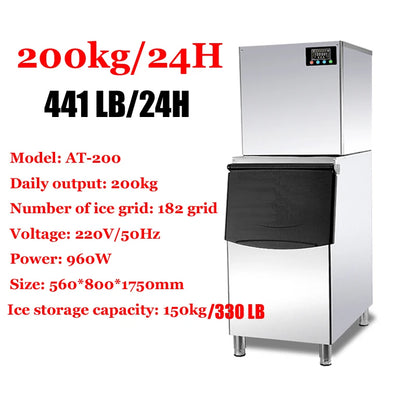 200-500 KG/24H Electric Ice Cube Making Machine Generator Production Stainless Steel Ice Makers for Restaurants Bars Commercial