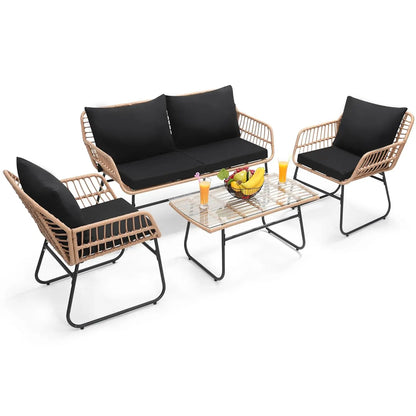 4 Piece Patio Bistro Outdoor Furniture Set, Wicker Sofa, 2 Rattan Chairs, and Table, Backyard Conversation Set, All, Customized