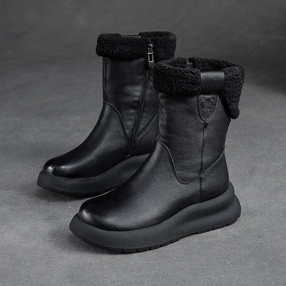 Koznoy 5cm Natural Genuine Leather Chunky Cow Spring Rubber Ankle Boots Soft Soled Winter Plush Flats Booties Autumn Women Shoes