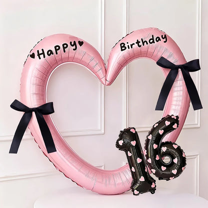 7Pcs 16inch Black Number Hollow-Out Heart Balloons and Heart Stickers Set, Includes 2 Number Balloons, 2 Stickers, 1 Glue Stick, 2 25cm Ribbons, for Birthday Parties, Wedding Anniversary Celebrations, Holiday Decorations