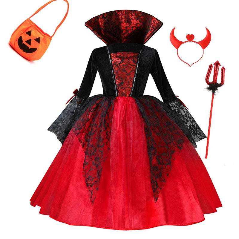 Kids Girls Vampire Devil Cosplay Dress Complete Set with Accessories Halloween Theme Party Costume Holiday Gift for Girls