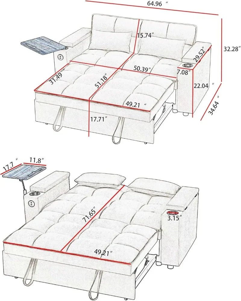 hansones 65'' 3-in-1 Folding Convertible Sofa Bed, Pullout Sofa, Modern Chenille Fabric, 360° Swivel Side Table, Easy Assembly,