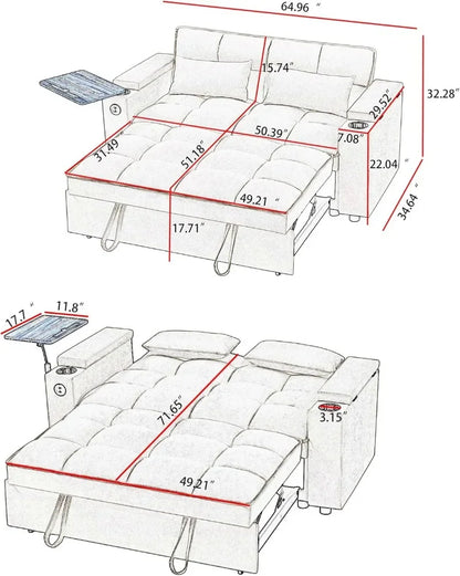 hansones 65'' 3-in-1 Folding Convertible Sofa Bed, Pullout Sofa, Modern Chenille Fabric, 360° Swivel Side Table, Easy Assembly,