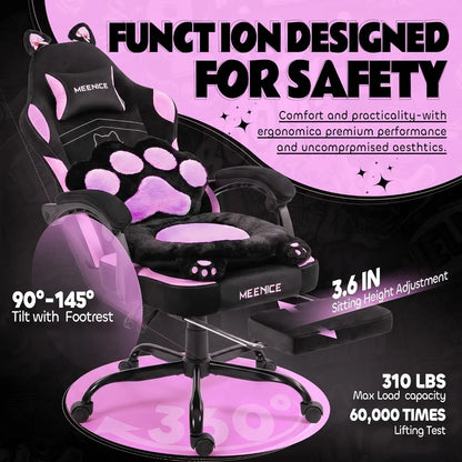 Pink Gaming Chair with Cat Ears, Ergonomic Reclining Computer Chair with Footrest, 300lbs Capacity