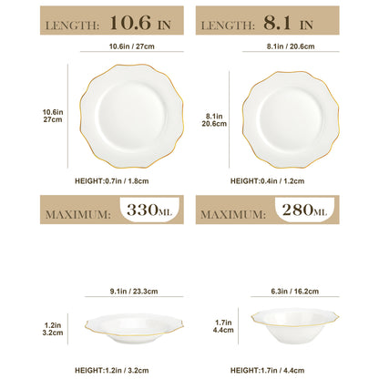 MALACASA 16/32-PIECE Nordic European Golden Rim White Porcelain Tableware Set with Bowl,Dinner&Dessert&Soup Plate Set for 4/8
