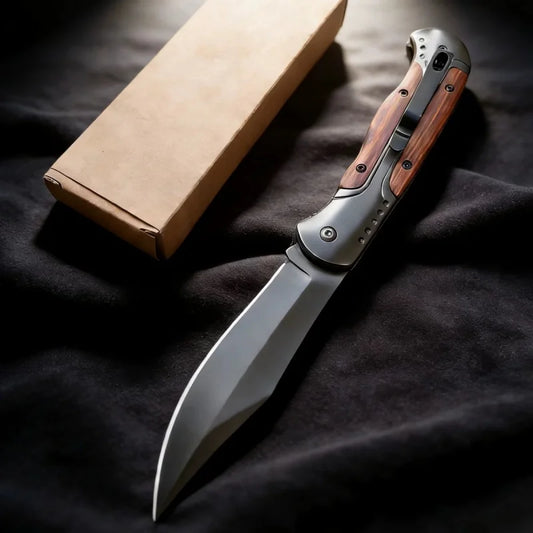 Lightweight Folding Utility Knife with Wooden Inlay, Stainless Steel Blade, Non-locking Design for Camping, Hiking and Outdoor T