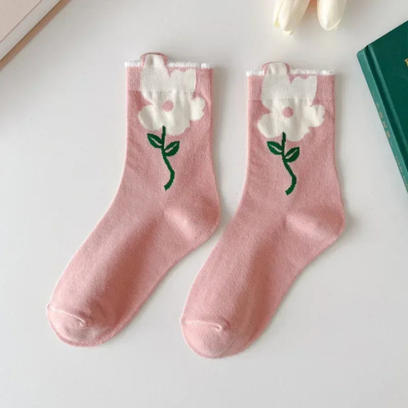 New Style Crew Socks for Women Spring Fashion Cute Flower Long Cotton Socks Japanese Style Breathable Casual Trendy Absorb Sweat