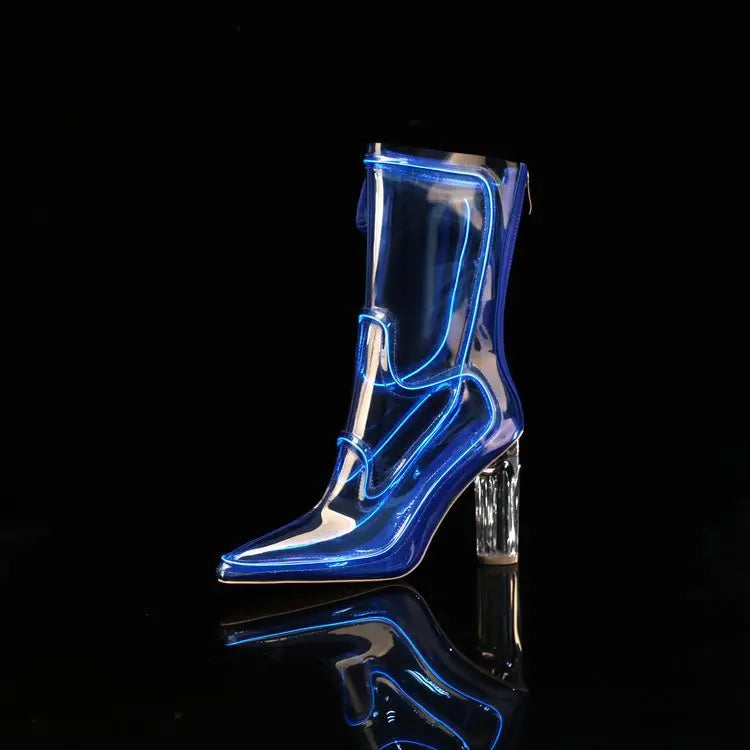 LED Light-Up Transparent PVC Luminous Fashion YK2 Ankle Boots Women Chunky Block Heel Pointed Toe Halloween Party Stage BootF491
