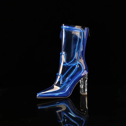 LED Light-Up Transparent PVC Luminous Fashion YK2 Ankle Boots Women Chunky Block Heel Pointed Toe Halloween Party Stage BootF491