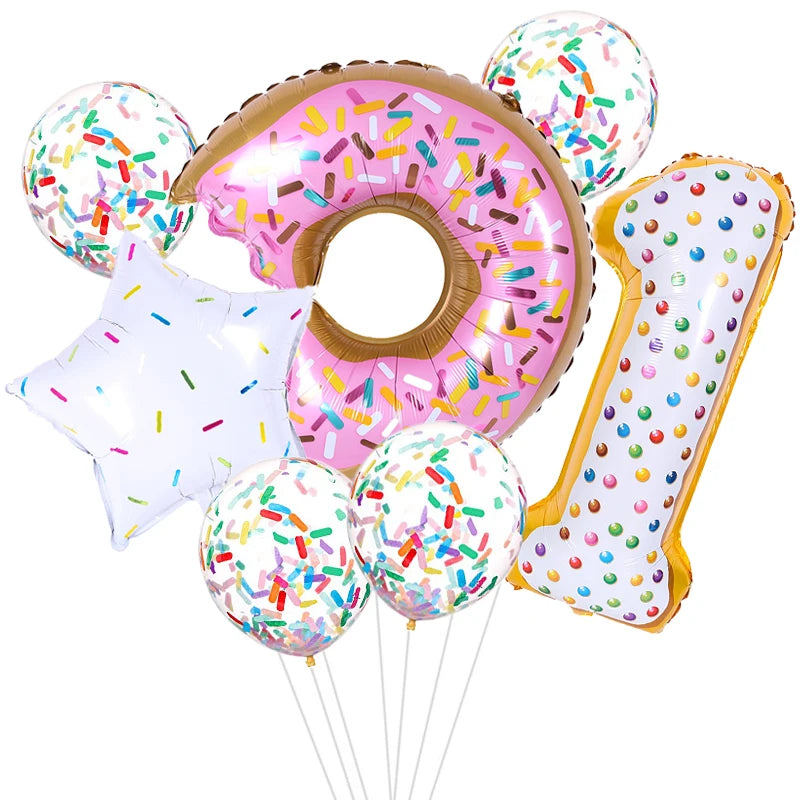 7pcs Donut Number Foil Balloons Set 1st 2nd Girls Birthday Party Decorations Candy Confetti Balloon Baby Shower Wedding Globos