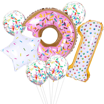 7pcs Donut Number Foil Balloons Set 1st 2nd Girls Birthday Party Decorations Candy Confetti Balloon Baby Shower Wedding Globos