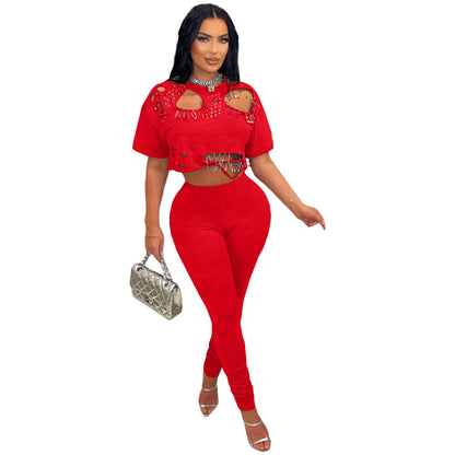 Women's Fashion White Two Piece Set Solid Loose Round Neck Piercing Pin Short T-shirt Pants 2026 Spring/Summer Set Red Black
