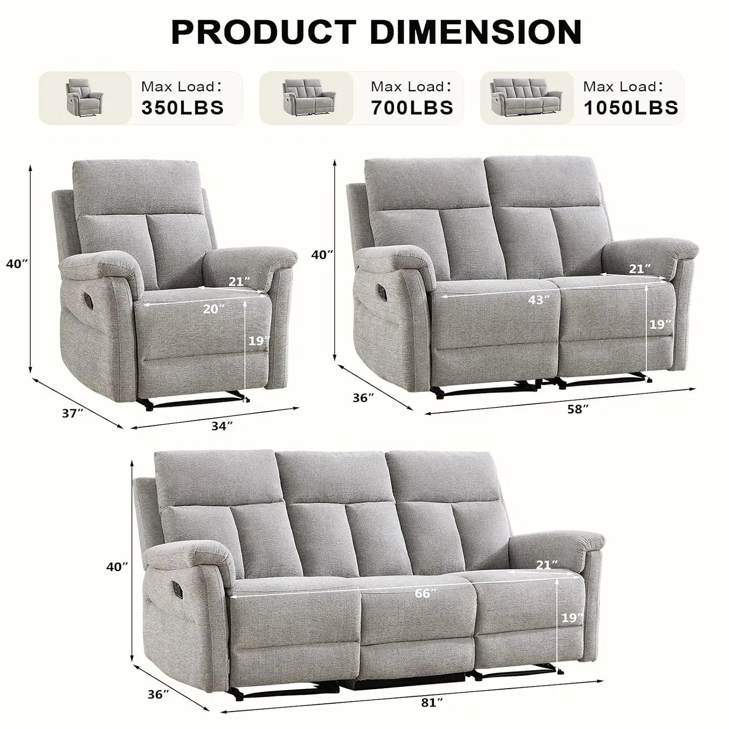 Manual Reclining Loveseat, 2-Seat Recliner Sofa with Padded Arms and Supportive Backrest, Comfortable Fabric Reclining, Custom