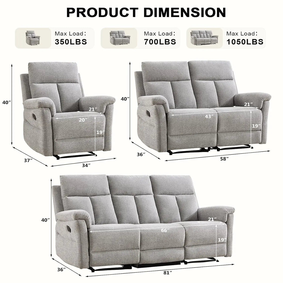 Manual Reclining Loveseat, 2-Seat Recliner Sofa with Padded Arms and Supportive Backrest, Comfortable Fabric Reclining, Custom