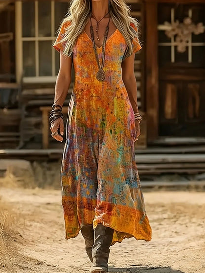 Plus Size Summer New Arrival Retro Ethnic Tie-Dye Dress V-Neck Short Sleeve Loose Boho Vacation Maxi Skirt