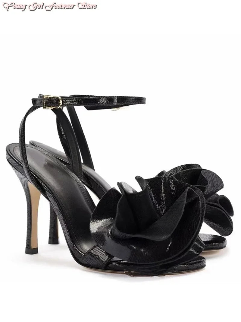 gold Roses One-strip Women's Sandals Pointed French Runway Style High Heel 2026 Spring Autumn Style Manual Luxury Women's Shoes