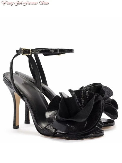 gold Roses One-strip Women's Sandals Pointed French Runway Style High Heel 2026 Spring Autumn Style Manual Luxury Women's Shoes