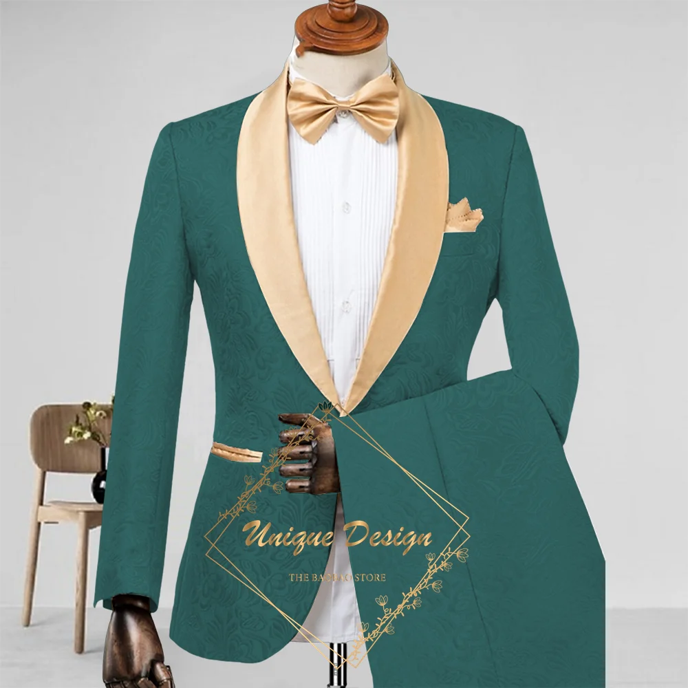 Champagne Men's Suit 2-Piece Set Satin Shawl Lapel Jacquard Jacket Pants Elegant Set for Wedding Groom Summer Party Dating Prom