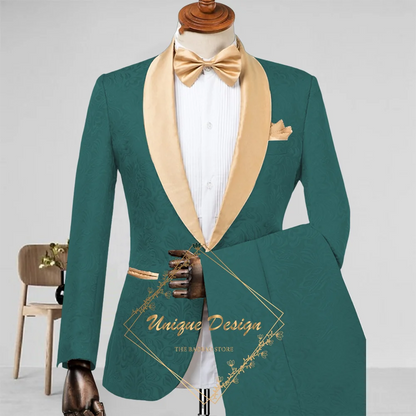Champagne Men's Suit 2-Piece Set Satin Shawl Lapel Jacquard Jacket Pants Elegant Set for Wedding Groom Summer Party Dating Prom